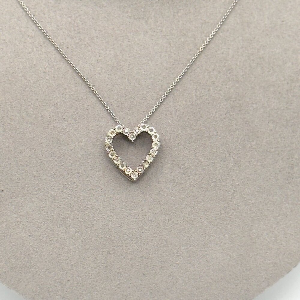 Sterling Silver Heart Pendant Necklace CZ Stones On Delicate Chain 18 Inches